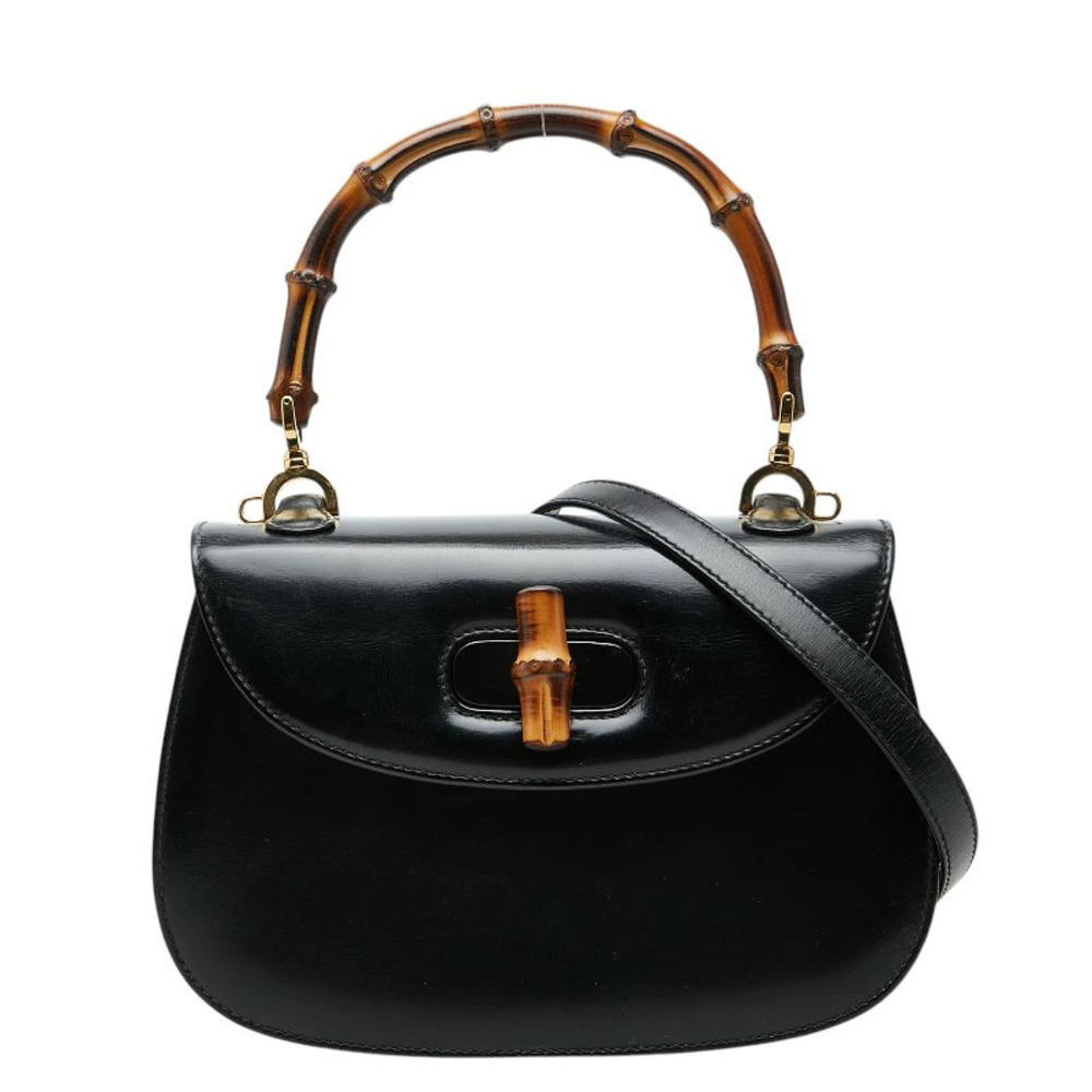 Gucci Bamboo Turn Lock Leather 2Way Top Handle Shoulder Bag Black